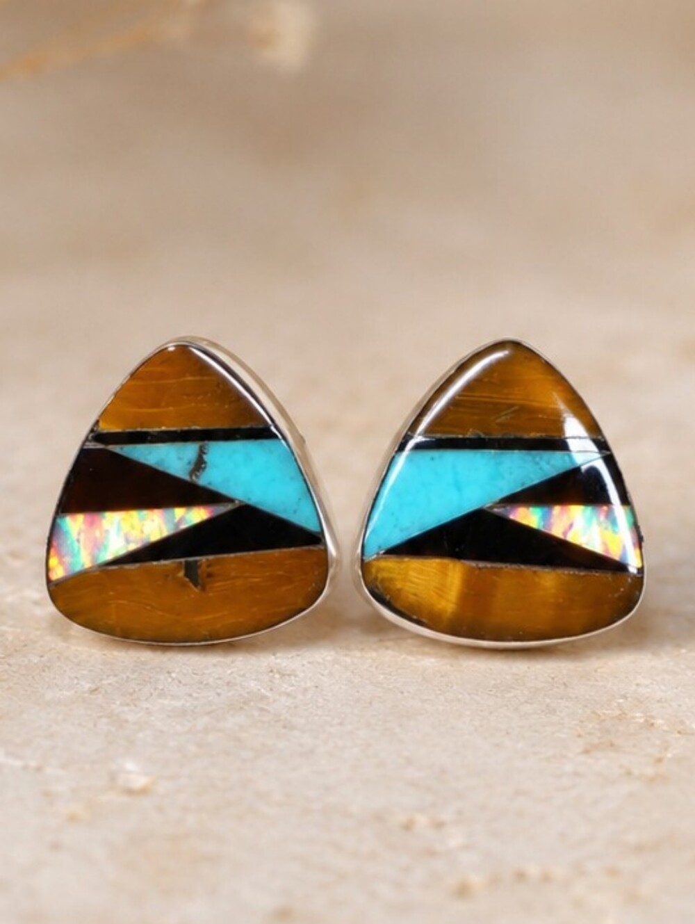 VTG Navajo Steve Francisco Multi-Stone Inlay Sterling Silver Stud Earrings SF